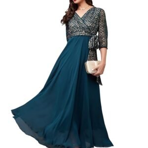 Women's Floral Printed Relaxed Fit V-Neck 3/4th Sleeve Maxi Dress with Pockets