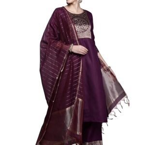 Women's Cotton Yoke Design Straight Kurta Pant with Dupatta Set(Wine)