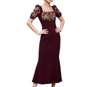 Women Bodycon Square Puff Sleeve Solid Lace Overlaid Ankle Length Dress(Wine）