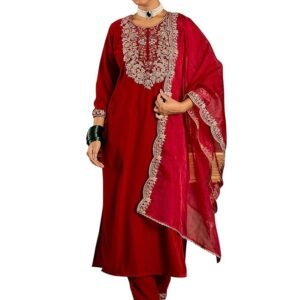 Women Velvet Embroidered Straight Kurta Pant Dupatta Set(Red)