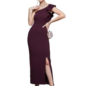 Women's Solid One Shoulder Sleeveless Ruffled Maxi Dress(Dark Purple)