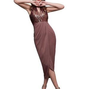 Women's Wine Halter Neck Sleeveless Solid Embellished Midi Dress(Mauve)