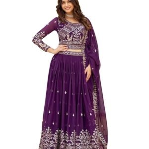 Women's Embroidered Free Size Traditional Georgette Lehenga Choli With Dupatta(Purple)