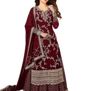 Women's Faux Georgette Semi-Stitched Top With Stitched Bottom and Dupatta Embroidered Straight Kurta Dress Material(Maroon)