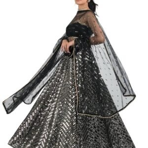Women's Georgette Embroidery Sequence Work with Dupatta For Women(Black)
