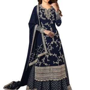 Women's Faux Georgette Semi-Stitched Top With Stitched Bottom and Dupatta Embroidered Straight Kurta Dress Material(Blue)