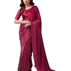Women's Satin Silk Hot Fixing Stone Work Saree with Unstitched Blouse(Maroon)