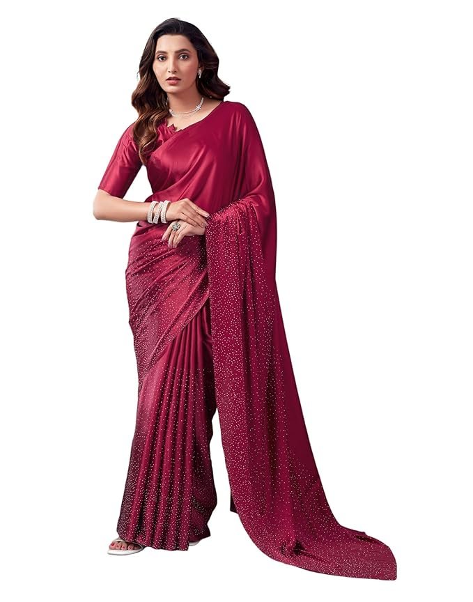 Women's Satin Silk Hot Fixing Stone Work Saree with Unstitched Blouse(Maroon)