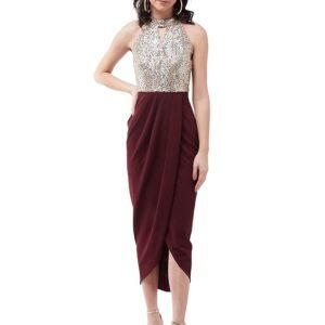 Women's Wine Halter Neck Sleeveless Solid Embellished Midi Dress(Wine)