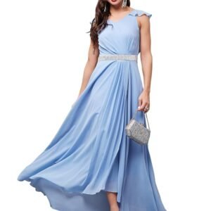 Women's V-Neck Ruffled Sleeve Solid Embellished Maxi Dress with Pockets