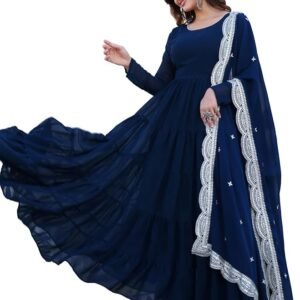 Women's Georgette Solid Anarkali Dress(Blue)