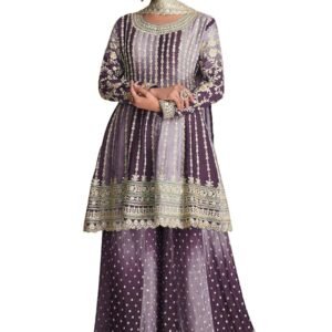 Dual Tone Strip Chinon Heavy Embroidered Stitched Sharara Suit Set With Dupatta(Purple)