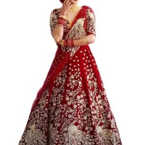 Women's Embroidered Free Size Traditional Taffeta Velvet Lehenga Choli with Net Dupatta Red