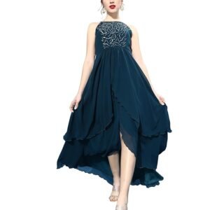 Women's Off White Round Neck Sleeveless Solid Embellished Maxi Dress(Teal)