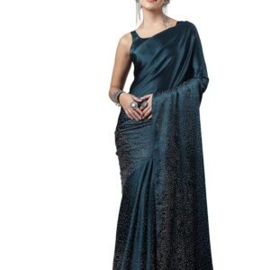 Women's Satin Silk Hot Fixing Stone Work Saree with Unstitched Blouse(Teal Blue)