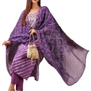 Women's Cotton Blend Straight Printed Kurta with Pant & Dupatta(Purple)