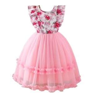 Net Flared Ruffle Sleeveless Baby Girl Frock with Floral Pattern and Round Neck A-Line Style Dress for Baby Girl