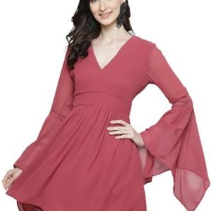 Women's Georgette Knee-Length Skater Dress（Pink）