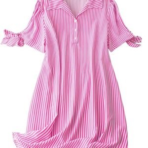 Striped Shirt Style Mini Dress for Women | Collared Casual A-Line | Tunic with Tie Sleeves & Front Buttons (PINK)