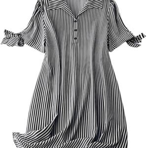 Striped Shirt Style Mini Dress for Women | Collared Casual A-Line | Tunic with Tie Sleeves & Front Buttons (BLACK)