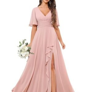 Women's Off The Shoulder Pleated Chiffon Bridesmaid Dresses Long Slit Formal Evening Party Gown