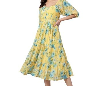 Women's Fit and Flare Midi Georgette Floral Printed Tiered Dress (Yellow)