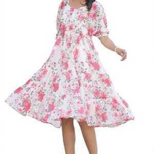 Women's Fit and Flare Midi Georgette Floral Printed Tiered Dress (Pink)