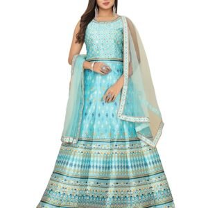 Women's Fully Stitched Silk Gown with Net Dupatta for Festive, Party and Wedding( Rama)