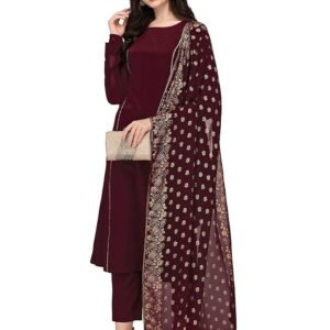 Women's Maroon Poly Crepe Straight Kurta with Pant and Dupatta