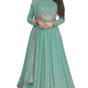 Georgette Embroidered Semi-Stitched Gown for Women(Mint)
