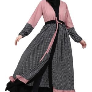 Women’s Front Open Abaya Dress with Polka Dotted Made in Nida Matte Crepe fabric With Long Sleeves & Side Pocket