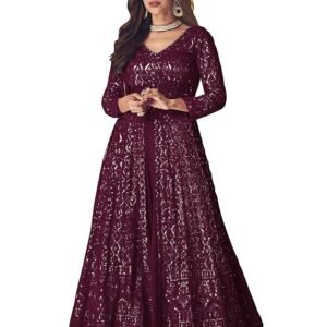 Straight Suit for Women | Georgette & Santoon Straight Suit | Semi-Stitched Gown for Women(Wine)