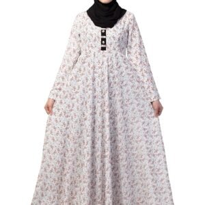 Women Floral Printed Long Maxi Dress Abaya Made in Georgette fabric With Regular Sleeves(White)