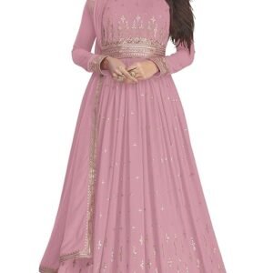 Georgette Embroidered Semi-Stitched Gown for Women(Pink)