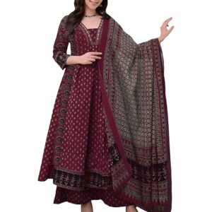 Women's Anarkali Kurta Set with Dupatta | Pure Cotton Suit Set for Women | Ajrakh Print Kurta Palazzo Dupatta Set(Wine)