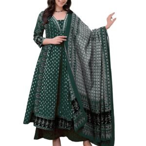 Women's Anarkali Kurta Set with Dupatta | Pure Cotton Suit Set for Women | Ajrakh Print Kurta Palazzo Dupatta Set(Green)