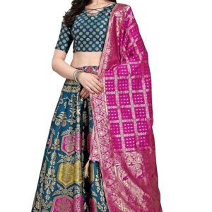 Women's Jacquard Semi-Stitched Lehenga Choli(Teal Blue)