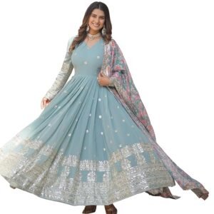 Georgette Embroidered Long Anarkali(Blue)