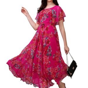 Women's Georgette Floral Digital Print Short Sleeve Full-Length Fit & Flare Long Gown Dress for Girls (ET-CYWN-E1LE)