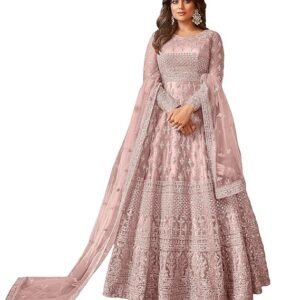Women's Net Semi Stitched Gown Top With Satin Silk Fabric Bottom & Net Dupatta Embroidered Anarkali Dress(Purple)