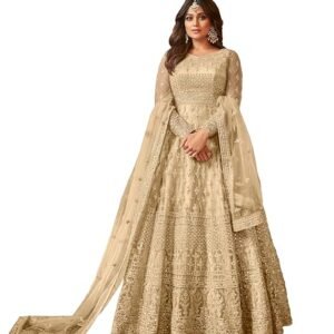 Women's Net Semi Stitched Gown Top With Satin Silk Fabric Bottom & Net Dupatta Embroidered Anarkali Dress(Beige)