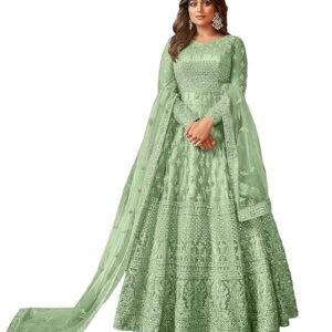 Women's Net Semi Stitched Gown Top With Satin Silk Fabric Bottom & Net Dupatta Embroidered Anarkali Dress(Green)