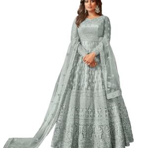 Women's Net Semi Stitched Gown Top With Satin Silk Fabric Bottom & Net Dupatta Embroidered Anarkali Dress(Grey)