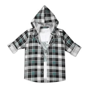Boys Cotton Full Sleeves Checks Hooded Shirt with T-Shirt