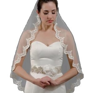 Wedding Bridal Veils 1 Tier Muslim Lace Flower Edge Tulle Wedding Church Veil Bride Hair Accessories for Women and Girls (Ivory)