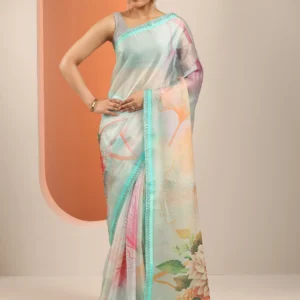 Multi Printed Organza Saree With Unstitched Blouse Piece
