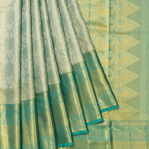 Gold Kanchipuram Silk Saree with Floral Design and Sea Green Border