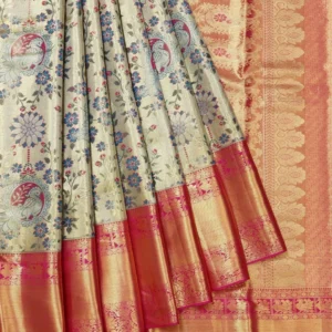 Gold Kanchipuram Silk Saree with Mayil Motifs and Pink Pallu