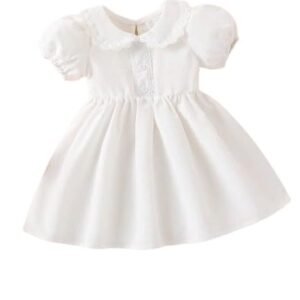 White Cotton Blend Frock Dress Kids Girls with Puff Sleeves lace Collar Front Button Detail Soft Flared Skirt
