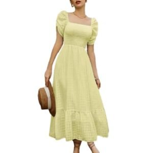 Yellow Girl's & Women's Solid A-Line Ruched Puff Sleeve Maxi Long Evening One Piece Long Dress for Women Stylish